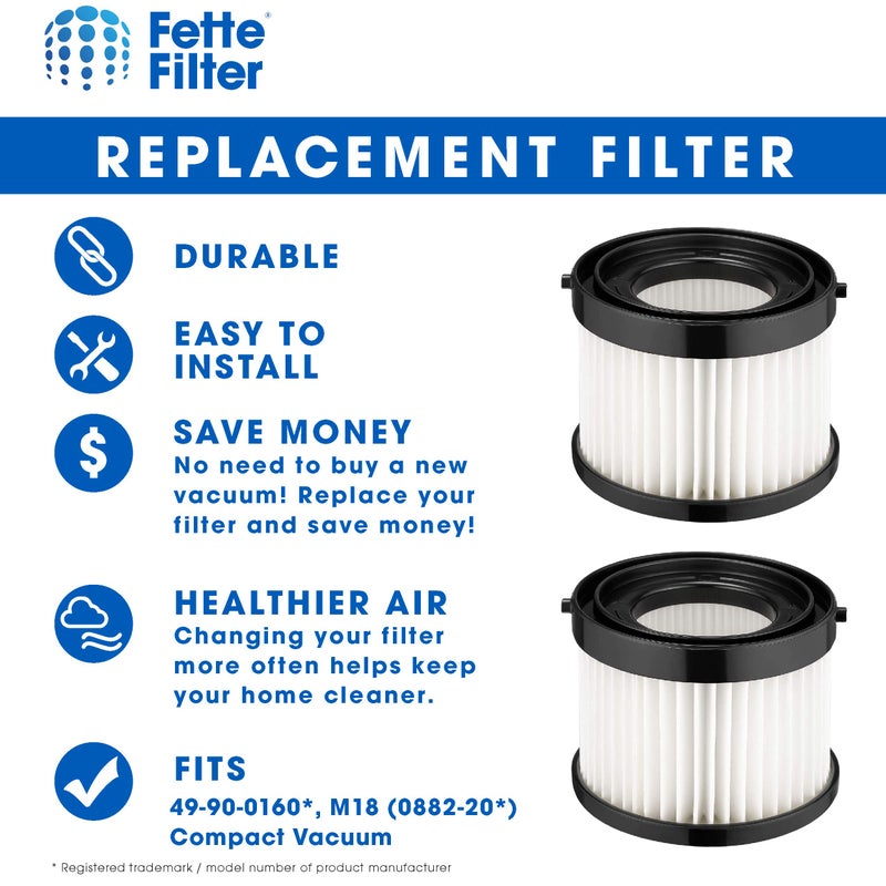 Fette Filter فلتر جاف HEPA متوافق مع رقم جزء Milwaukee 49-90-0160، 49-90-1951 لنموذج مكنسة M18 المدمجة رقم 0882-20 يتضمن 2 فلتر بديل. - Image 2